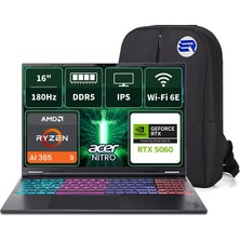 Acer Nitro 16S AN16S-61 NH.QXUEY.001EP14 Ryzenaı9 365 RTX5060 48GBRAM 1tbssd 16 Wqxga 180Hz WIN11 Pro + Elektropasaj Çanta