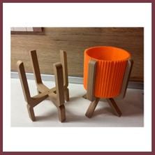 Storeşahin 3D Baskı Ayaklı Çizgili Saksı - Bej Standlı Dekoratif Saksı - Turuncu SHN0720