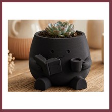 Storeşahin 3D Baskı Kitap Okuyan Saksı - Kupa Tutan Sevimli Saksı-Siyah SHN0720