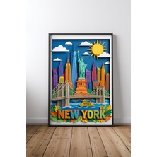 New York City Papercraft Illustration Çerçeveli Tablo Poster Salon Duvar Dekoru Hediye