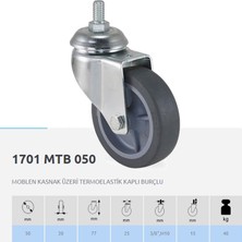 CATEKSSS 1701 Mtb 050 3/8 / 50 mm Çaplı Cıvatalı Moblen Kasnak Üzeri Termoelastik Kaplı Burçlu Döner Teker - 12’li Paket