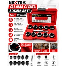 Nextra 1/2" Yalama Cıvata ve Somun Sökme Seti 11 Parça – 8-19 mm Cr-Mo Çelik Paslı ve Hasarlı Cıvata Sökücü Lokma Takımı