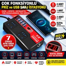 7'si 1 Arada Çok Fonksiyonlu Priz ve USB Şarj Istasyonu – 4 Usb, 1 Type-C, 2 Ac Priz, Dijital LED Ekranlı, Çoklu Hızlı Şarj Cihazı