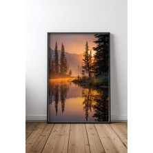 Sunrise Misty Forest Lake Çerçeveli Tablo Poster Salon Duvar Dekoru Hediye