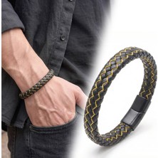 Fm 💎 Premium Parlak ve Şık Sarı Ipli Siyah Deri Erkek Bileklik 31833B4D6Z - 21 cm