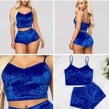 Ece's Design Ece's Kadife Pijama Takımı Şort 2'li Set Yumuşak Ev Giyim Mavi W2001