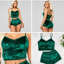Ece's Design Ece's Kadife Pijama Takımı Şort 2'li Set Yumuşak Ev Giyim Yeşiş W2001