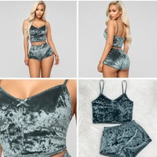 Ece's Design Ece's Kadife Pijama Takımı Şort 2'li Set Yumuşak Ev Giyim Gri W2001