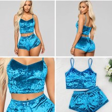 Ece's Design Ece's Kadife Pijama Takımı Şort 2'li Set Yumuşak Ev Giyim Açık Mavi W2001