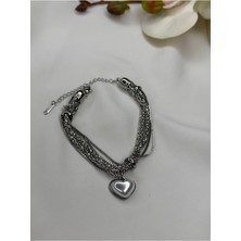 Kalp Charm Çok Sıralı Gümüş Renk Bileklik