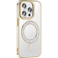 Lopard Apple iPhone 14 Pro Max Telefon Kılıfı Pırlanta Taş Tasarımlı M-Safe Şarj Özellikli Silikon Kapak Gold Mıknatıslı Magsafe