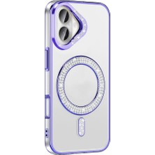Lopard Apple iPhone 16 Plus Telefon Kılıfı Pırlanta Taş Tasarımlı M-Safe Şarj Özellikli Silikon Kapak Mor Mıknatıslı Magsafe