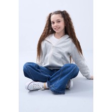 Milares Kız Çocuk Kapüşonlu Kanguru Çepli Tam Fermuarlı Hırka Sweatshirt - Gri