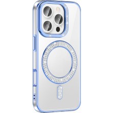 Lopard Apple iPhone 16 Pro Telefon Kılıfı Pırlanta Taş Tasarımlı M-Safe Şarj Özellikli Silikon Kapak Mavi Mıknatıslı Magsafe