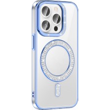 Lopard Apple iPhone 14 Pro Max Telefon Kılıfı Pırlanta Taş Tasarımlı M-Safe Şarj Özellikli Silikon Kapak Mavi Mıknatıslı Magsafe