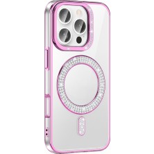 Lopard Apple iPhone 16 Pro Telefon Kılıfı Pırlanta Taş Tasarımlı M-Safe Şarj Özellikli Silikon Kapak Rose Gold Mıknatıslı Magsafe