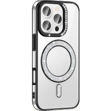 Lopard Apple iPhone 16 Pro Max Telefon Kılıfı Pırlanta Taş Tasarımlı M-Safe Şarj Özellikli Silikon Kapak Siyah Mıknatıslı Magsafe