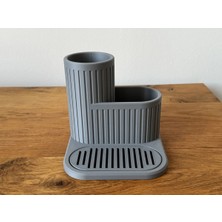 Bezos 3D Baskı Çizgili Lavabo Düzenleyici Süzdürmeli Tepsili Bulaşık Fırçası ve Sünger Tutucu Kompakt Lavabo - Gri