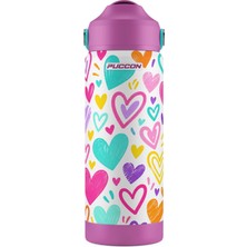 Puccon 540 ml Renkli Kalpler Desenli Beyaz - Mor Kız Çocuk Pipetli Çelik Termos Matara/suluk - 60063
