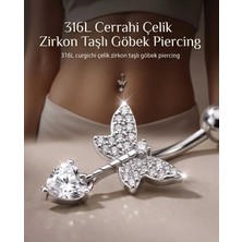 Lunexa 316L Cerrahi Çelik 925 Ayar Gümüş Kaplama Zirkon Taşlı Özel Tasarım Figürlü Göbek Piercing - Paslanmaz Kararmaz Anti Alerjik Kadın Belly Button Piercing Göbek Takısı- 188-3