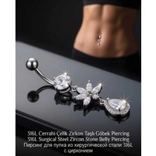 Lunexa 316L Cerrahi Çelik 925 Ayar Gümüş Kaplama Zirkon Taşlı Özel Tasarım Figürlü Göbek Piercing - Paslanmaz Kararmaz Anti Alerjik Kadın Belly Button Piercing Göbek Takısı- 188-8