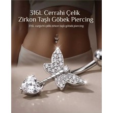 Lunexa 316L Cerrahi Çelik 925 Ayar Gümüş Kaplama Zirkon Taşlı Özel Tasarım Figürlü Göbek Piercing - Paslanmaz Kararmaz Anti Alerjik Kadın Belly Button Piercing Göbek Takısı- 188-3