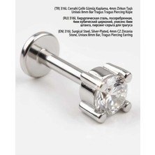 Lunexa 316L Cerrahi Çelik Gümüş Kaplama Kararmaz Alerji Yapmaz Zirkon Taş Figür Unisex Tragus Helix Küpe PIERCING-238-10