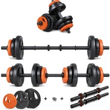 Ecgspor Multifonksiyonel Dambıl Seti ve Halter Seti 22 kg Turuncu Siyah Dayanıklı Vinyl Materyal