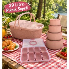 Bayce Home 29 Litre Pembe Piknik Sepeti Seti 8 Bölmeli Saklama Kabı ve 4’lü Plastik Kase Seti