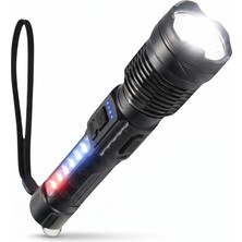 Mustran Şarjlı Taktik El Feneri – Zoom Odak 6 Mod Lazer LED + COB | SOS Flaşörlü | Kemer & Palaska Klipsli Kılıflı | Polis Asker Bekçi Güvenlik Devriye Feneri Kutulu
