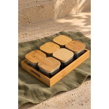 Atbyhome Duo 350ml 6'lı Bambu Siyah Mermer Desen Tepsili Bambu Vakumlu Kapaklı Cam Kahvaltılık
