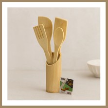 Bezos Ahşap Bambu Mutfak Servis Seti 5 Parça (Kaşık, Çatal, 2 Spatula, Stand) 27.5/30 cm 22