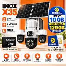 Inox X35 Solar Güvenlik Kamerası 2 Mp 360° 4 Motorlu Renkli Gece Görüşü Turkcell Sım Kart Her Ay 10 GB 120 GB Internet + 128 GB Kingston Hafıza Kartı