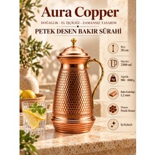 Aura Copper Bakır Sürahi 2,5 Litre İçi Kalaylı 1,2 mm Kapaklı Dövme ve El İşlemeli İbrik