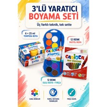 The Monarch Co 3'lü Yaratıcı Boyama Seti - 12 Renk Parmak Sulu Boya, 6X25ML Tempera ve 12 Renk Yıkanabilir Pastel Boya