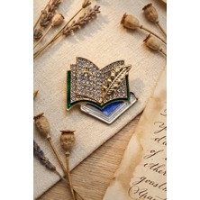 BB Bi Butik Shop Kristal Taşlı Taç Desenli ve Tüy Işlemeli Açık Kitap Broşu - Kitap Aşıklarına Özel Zarif Hediye