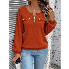 Moda Şehri Kadın Uzun Kollu Yakadan Fermuarlı Süs Cepli Detaylı Waffle Bluz