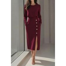 Moda Şehri Kadın Uzun Kollu Bisiklet Yakalı Yandan Yırtmaçlı Düğmeli Midi Dar Kesim Ithal Krep Elbise