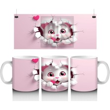 Luluyen Pembe Kalpli Çatlak Duvar Arasından Bakan Sevimli Kedi Kupa Çok Renkli