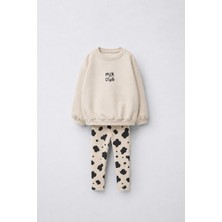 Magu Kız Çocuk Pamuklu Milk Club Baskılı Ekru Sweatshirt ve Desenli Tayt Takımı