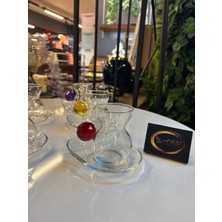 Ars Collection Paşabahçe Renkli Kristal Toplu Dantel Çay Bardağı ve Badem Çay Tabağı, 6 Kişilik 12 Parça Çay Seti