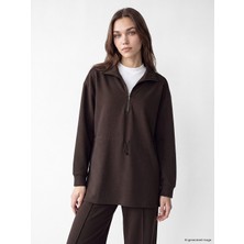 LC Waikiki Lcw Modest Kahverengi Dik Yaka Oversize Kadın Sweatshirt Tunik
