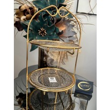 Ars Collection Yaldızlı  Iki Katlı Metal Gold Cam Tabaklı Kek Standı Kurabiyelik Servislik Sunumluk Tasarım