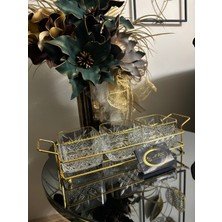 Ars Paşabahçe Timeless Yaldızlı Kare Kase Metal Gold Standlı 3,lü Çerezlik,şekerlik,sunumluk,tabak