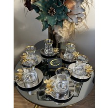Ars Collection Paşabahçe Özel Tasarım Metal Tabaklı Kelebekli Çay Seti 6 Adet Yaldızlı Çay Bardağı 6 Metal Tabağı