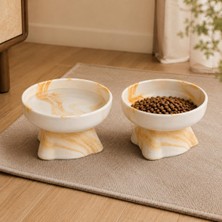 Happy Trend Li Seramik Mama Kabı Kedi ve Köpekler Için Sağlıklı Su Kasesi Marble Ayaklı,yükseltilmiş,boyun Rahatligi ve Omurga Sagligi Destekli Kaymaz Besleme Kabı, Marbrle-Borwn