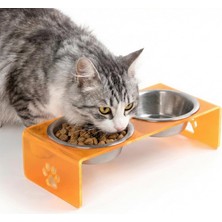 Happy Trend Çift Hazneli Pleksi Kedi ve Köpek Mama Kabı, Yükseltilmiş Seramik Mama ve Su Kabı, Ergonomik Tasarım, Kolay Temizlenebilir (Metal, Turuncu Pleksi)