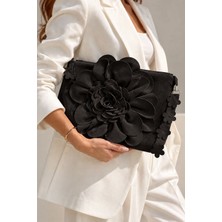 Gustello Niva Kadın Süet Portföy Çanta Büyük 3D Çiçek Detaylı Fermuarlı Bilek Askılı Clutch 22X34 cm