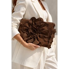 Gustello Niva Kadın Süet Portföy Çanta Büyük 3D Çiçek Detaylı Fermuarlı Bilek Askılı Clutch 22X34 cm