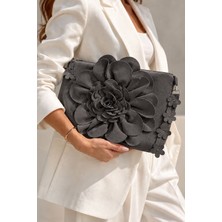 Gustello Niva Kadın Süet Portföy Çanta Büyük 3D Çiçek Detaylı Fermuarlı Bilek Askılı Clutch 22X34 cm